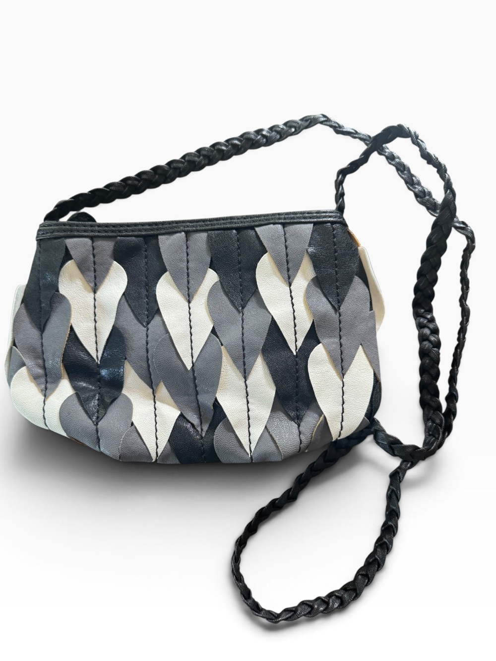 Vintage Liz Soto Leather Patchwork Crossbody Bag Leaf Chevron Boho Braided Strap